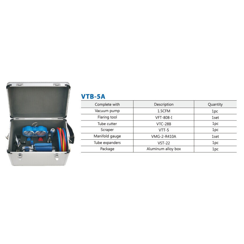 Набір VALUE VTB-5А (Вакуумний насос VI 215 SM, 1 труборіза 28 В, вальцювання 808-I, колетор R410A, R407C, R22, R134A, шланги, риммер, ручне розвальцювання) ящик